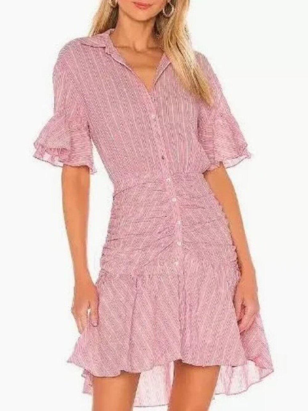 Cinq a Sept Asher Shirt Dress Pink Stripe Size 0 Ruching Drop Waist